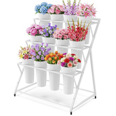 Asee'm flower stand front view showing white-and-gold tiers and twelve buckets for versatile display
