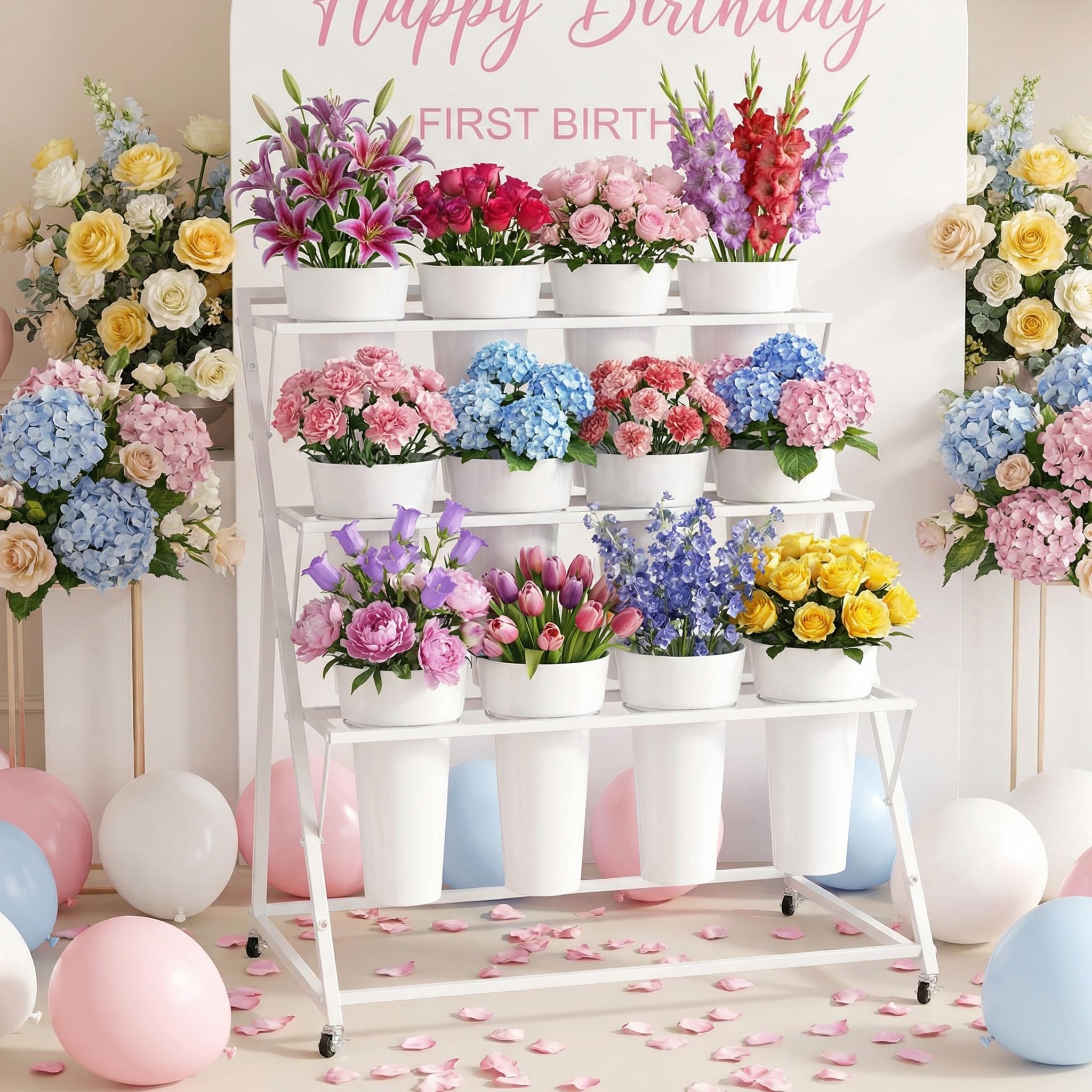 Asee'm top tier floral arrangement showing layered display that maximizes visibility and light
