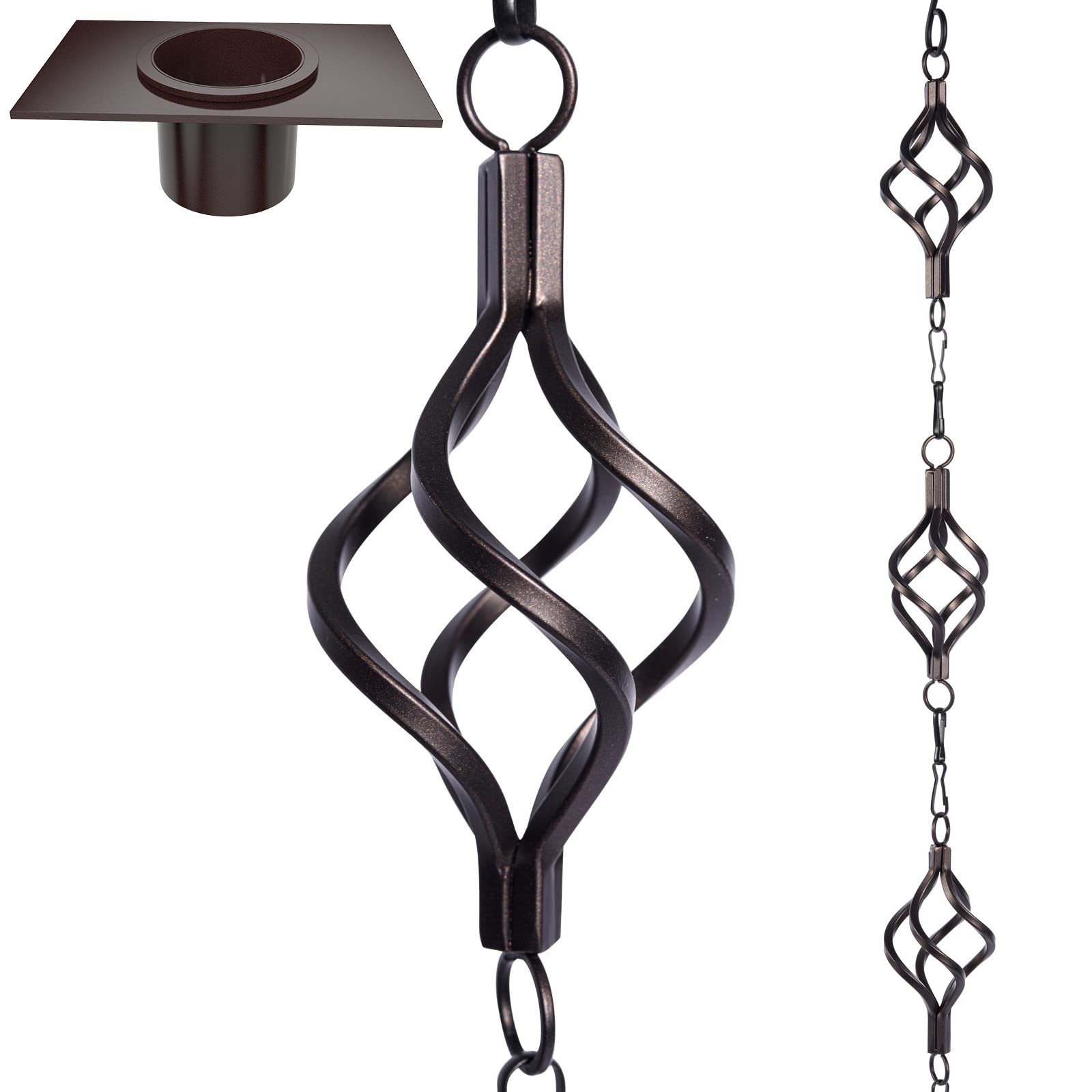 Aseneat front view of full 8.5ft rain chain showing decorative birdcage cups and flow