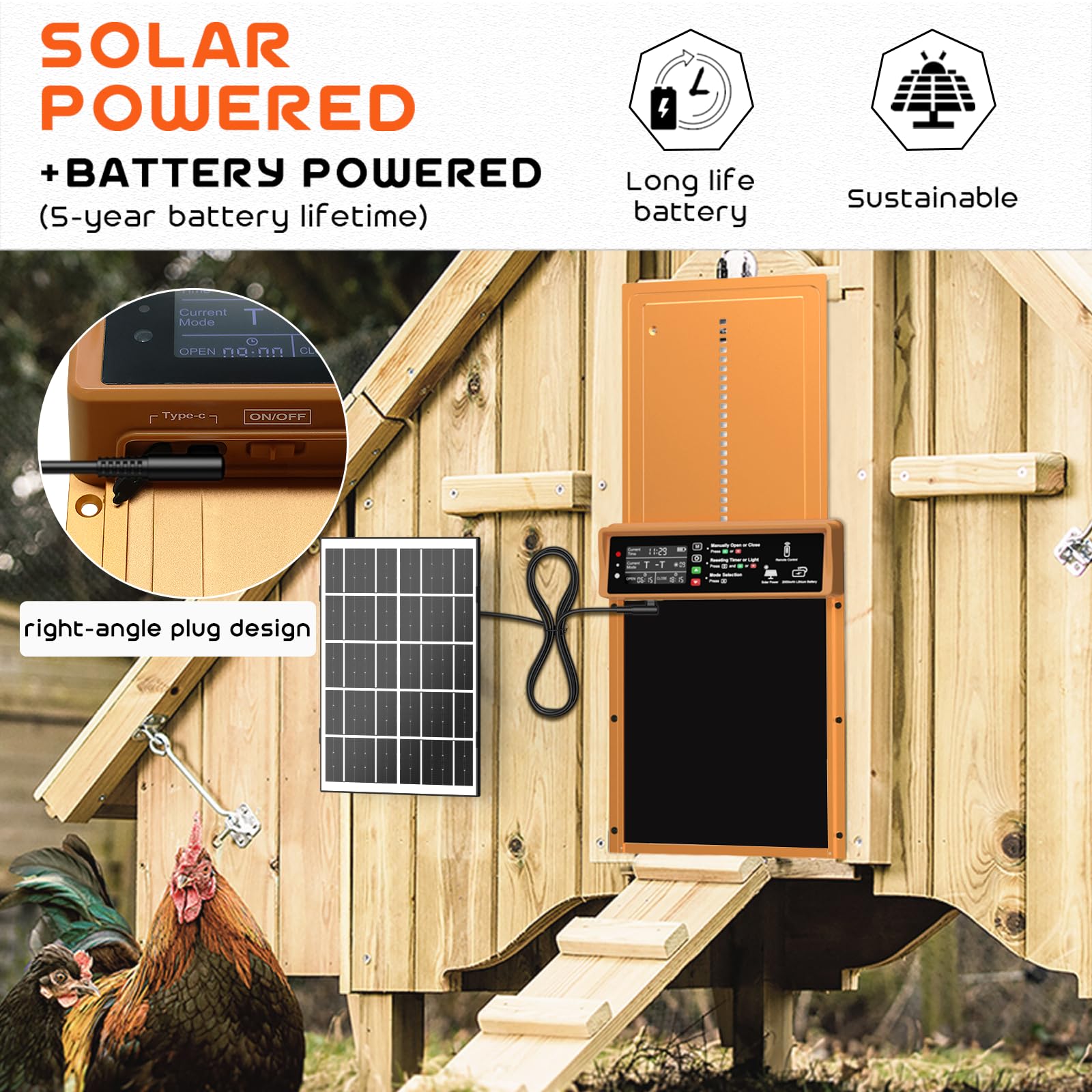 AsFrost door open with chickens passing safely showing anti-pinch protection benefit
