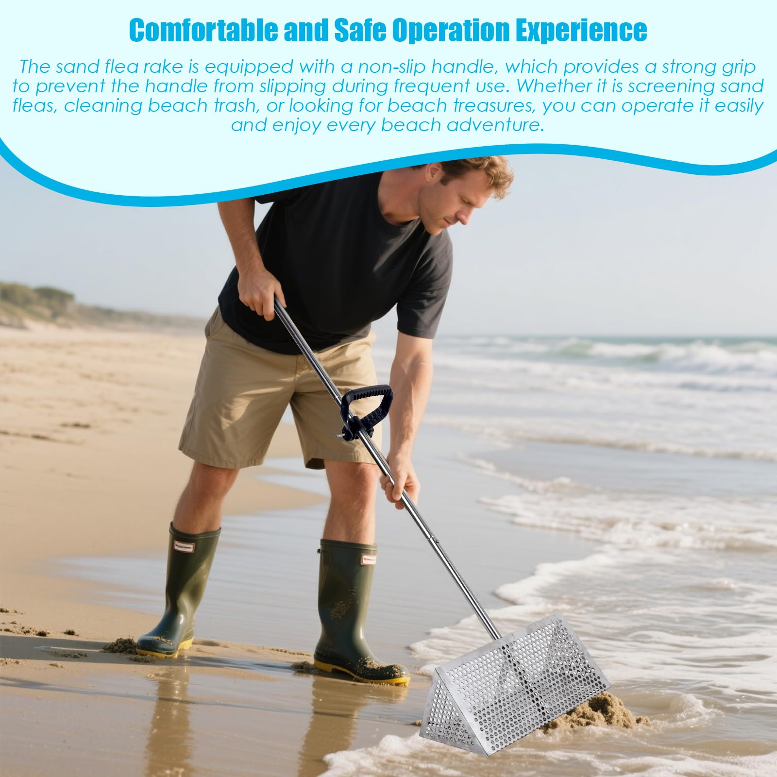 AshKiz in use sifting wet sand to reveal clams and bait with fast results benefit