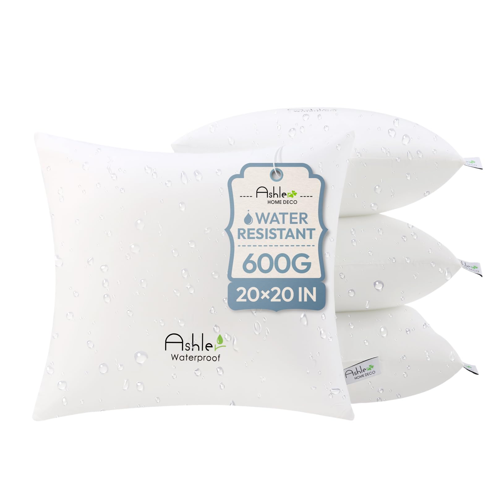 Ashler Home Deco front view of four packaged waterproof pillow inserts showing convenience
