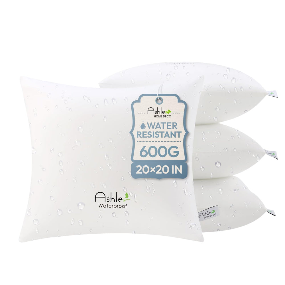 Ashler Home Deco front view of four packaged waterproof pillow inserts showing convenience