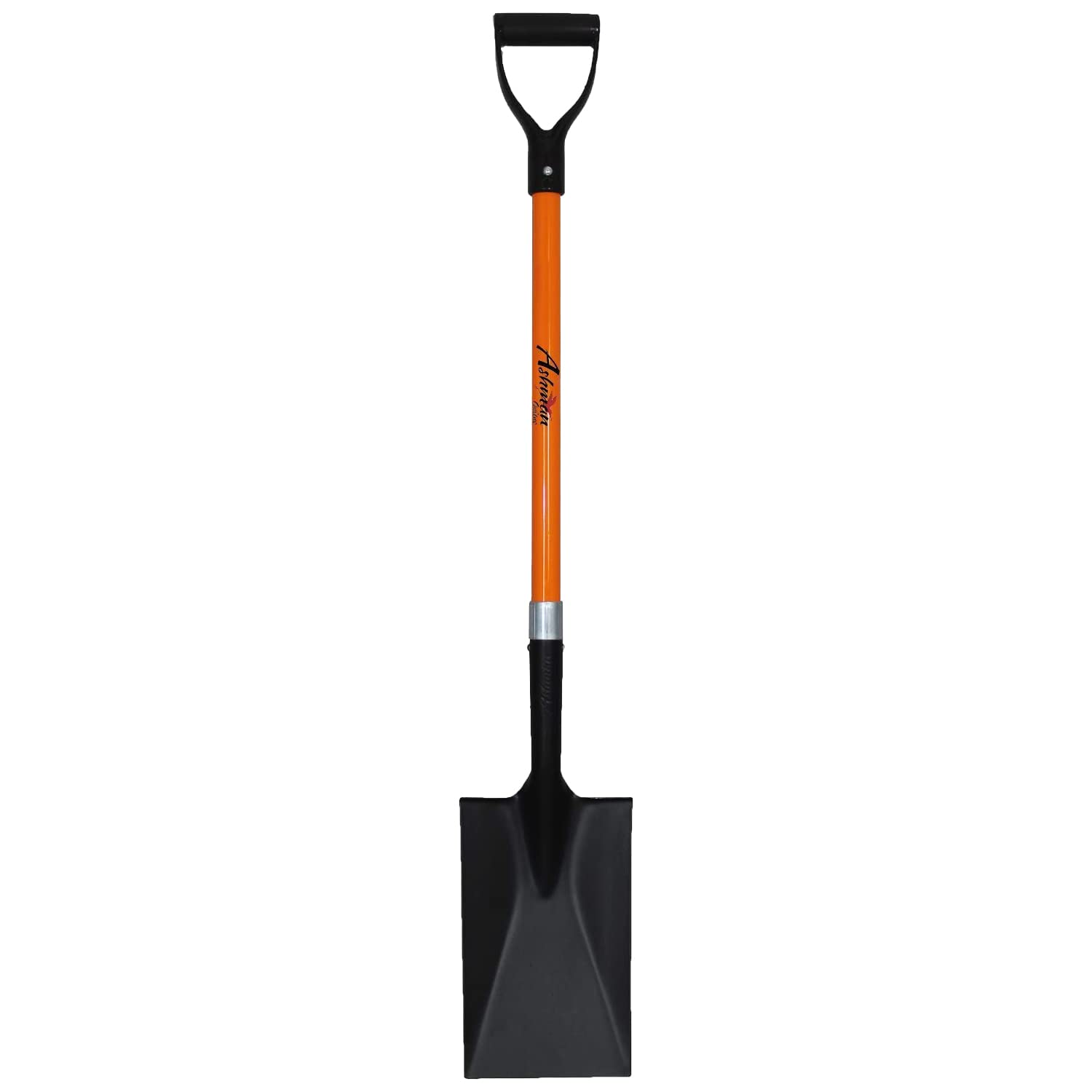 Ashman front view of orange spade shovel showing full blade and shaft for visibility