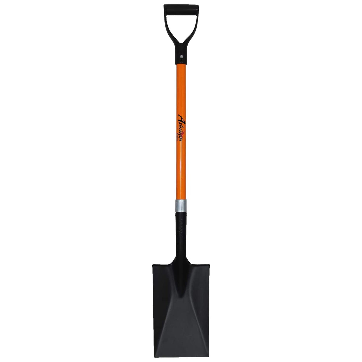 Ashman front view of orange spade shovel showing full blade and shaft for visibility