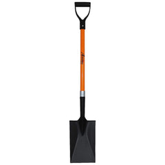 Ashman front view of orange spade shovel showing full blade and shaft for visibility
