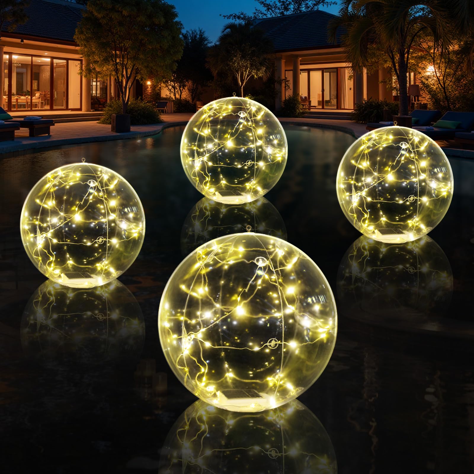Askyli front view of four floating pool lights, visual impact and ambiance