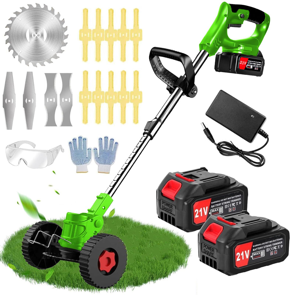 ASLTYKNGLB front view of cordless weed wacker showing compact lightweight body and wheel benefit ease