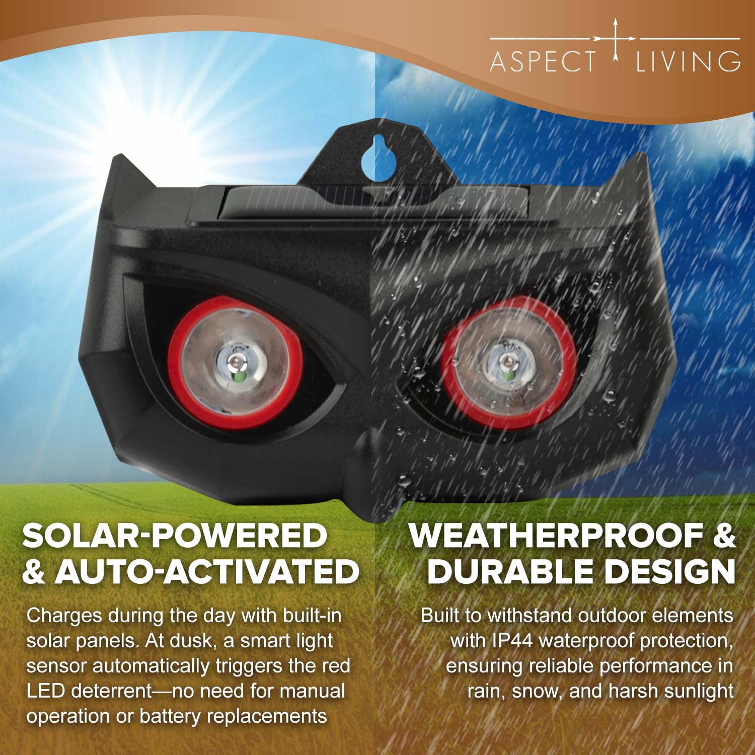 Aspect Living close-up of dual red LEDs highlighting visual deterrent