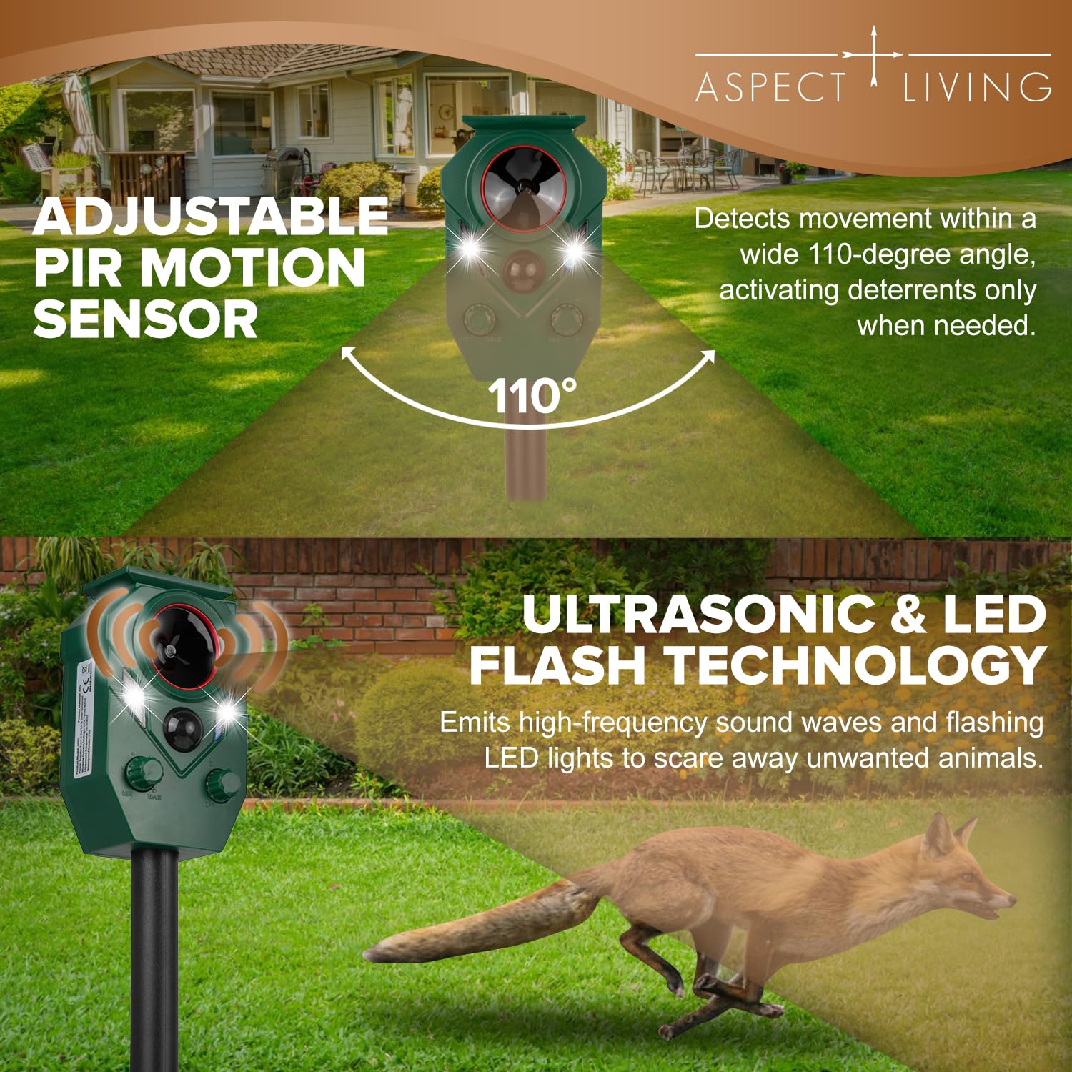 Aspect Living bright LED flash demo outdoors illustrating visible deterrent