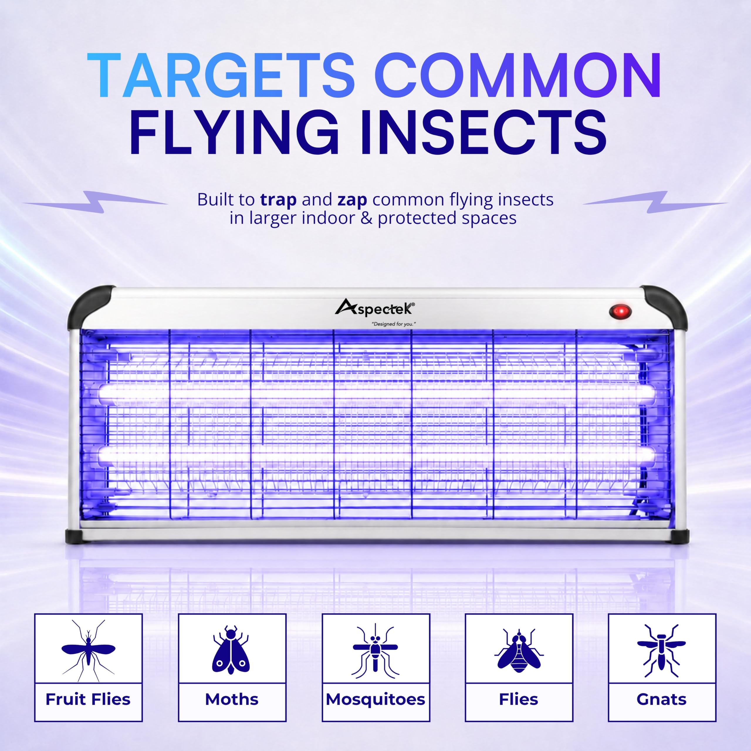 ASPECTEK closeup of dual 20W UV bulbs for stronger insect attraction