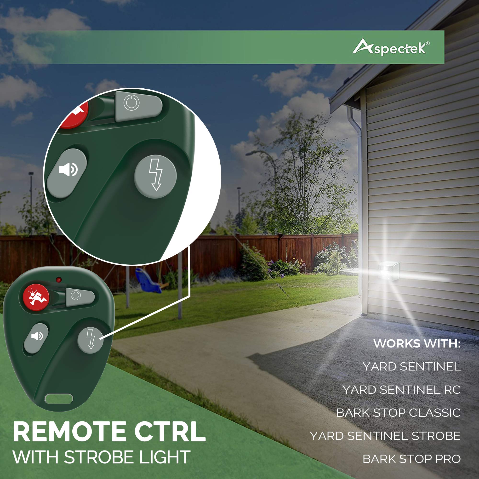 ASPECTEK remote control for Yard Sentinel showing easy mode changes from distance