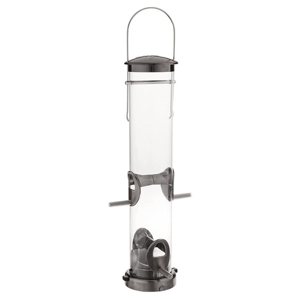 Aspects brushed nickel feeder front view shows 4 stations and easy refill benefit