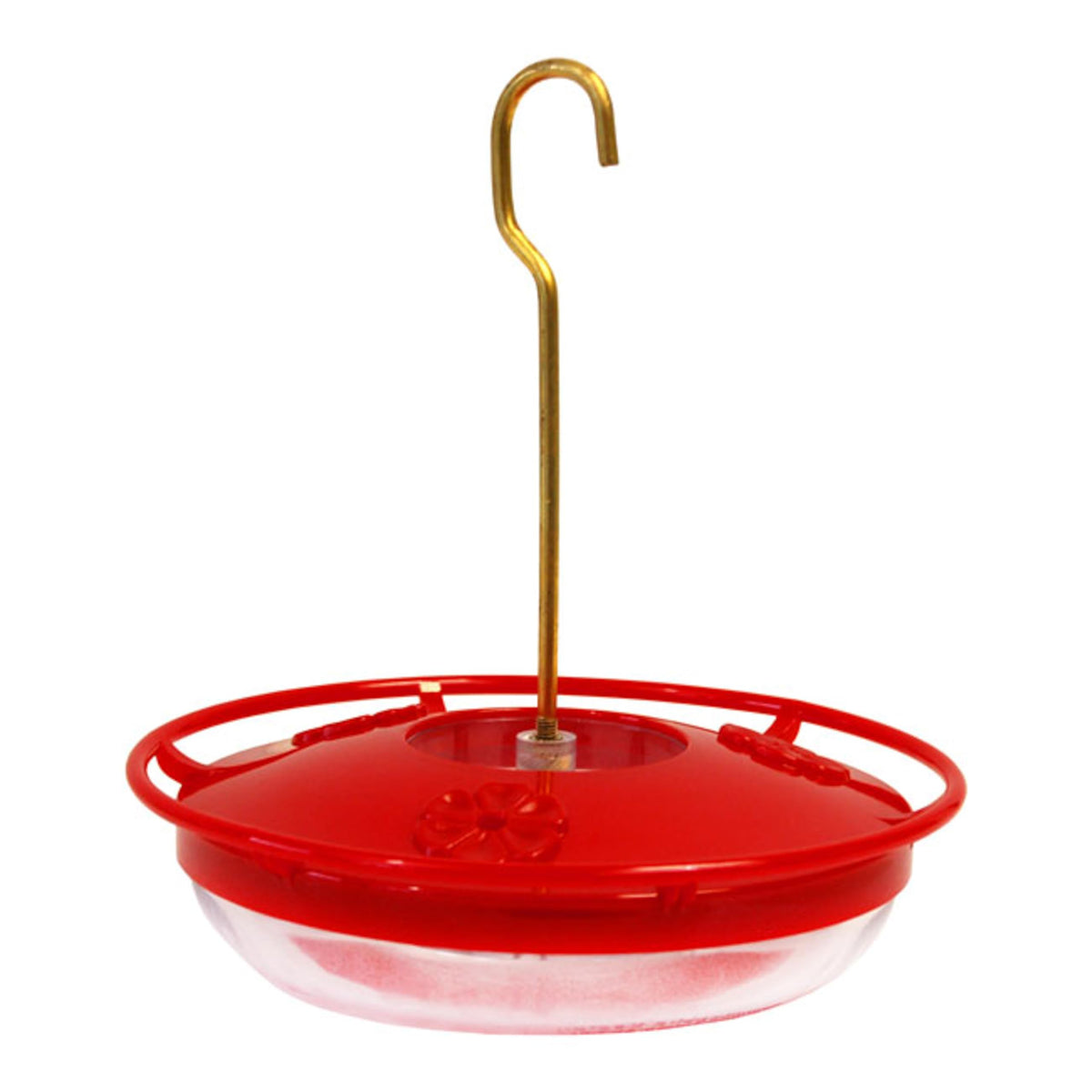 Aspects Hummzinger front view showing bright red feeder attracting birds