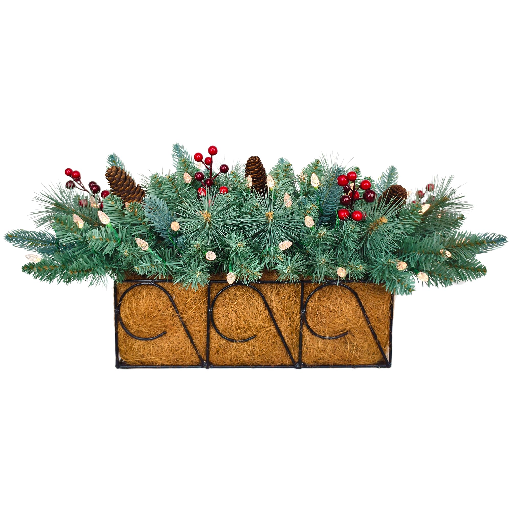Assilyraft front view of 26-inch blue spruce centerpiece showing festive finish