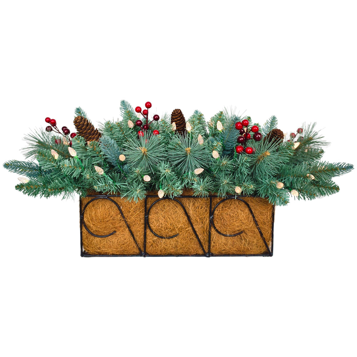 Assilyraft front view of 26-inch blue spruce centerpiece showing festive finish