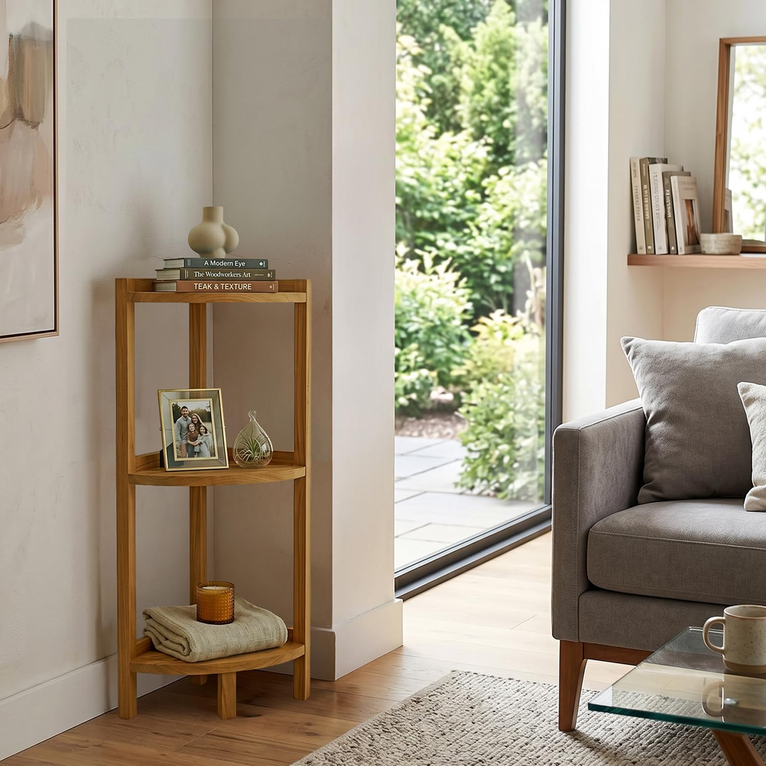 Asta Furniture top shelf holding toiletries for easy shower access and organization