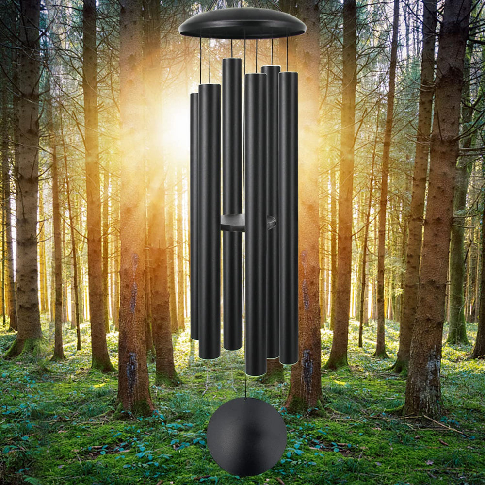 ASTARIN front view of full 60 inch black wind chimes showing elegant profile and benefit of strong visual presence