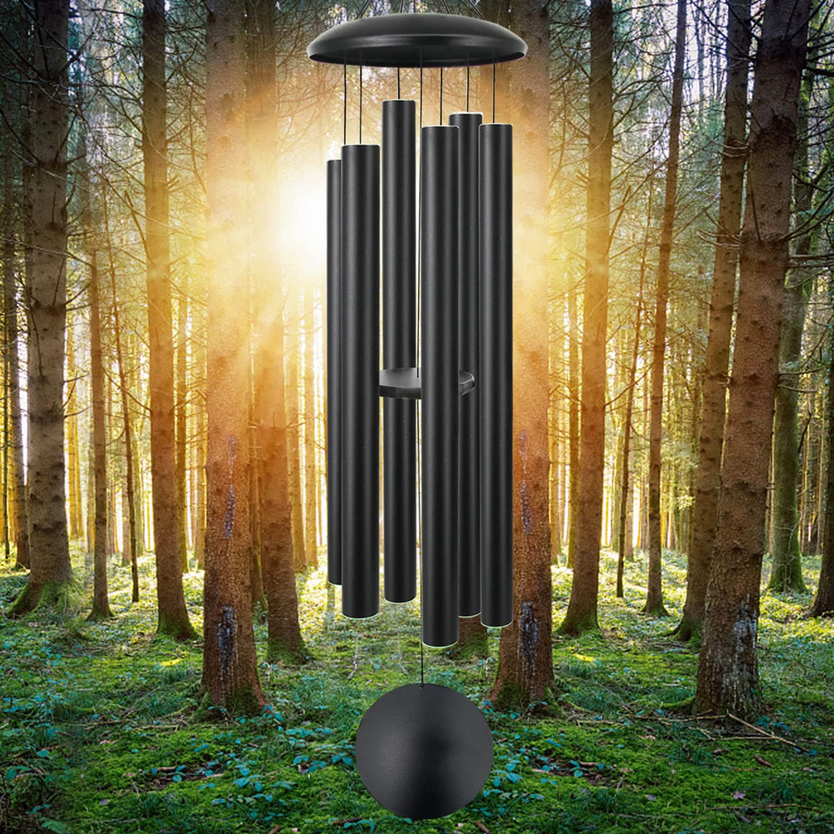 ASTARIN front view of full 60 inch black wind chimes showing elegant profile and benefit of strong visual presence