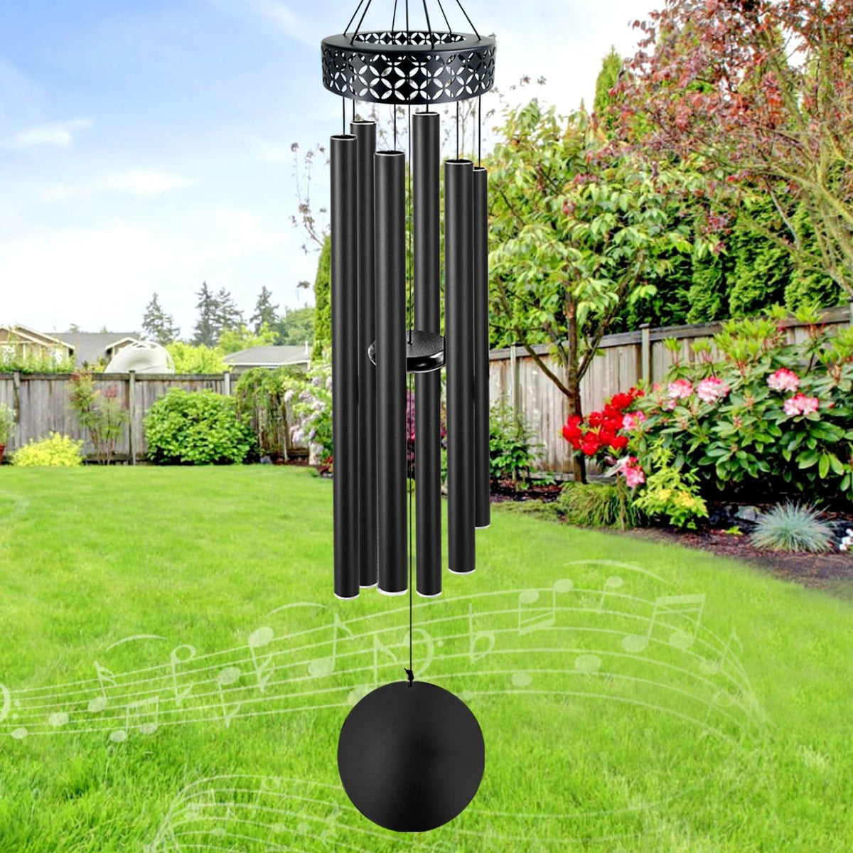 ASTARIN front view of 48 inch chimes showing elegant black finish and large tubes benefits calming ambiance