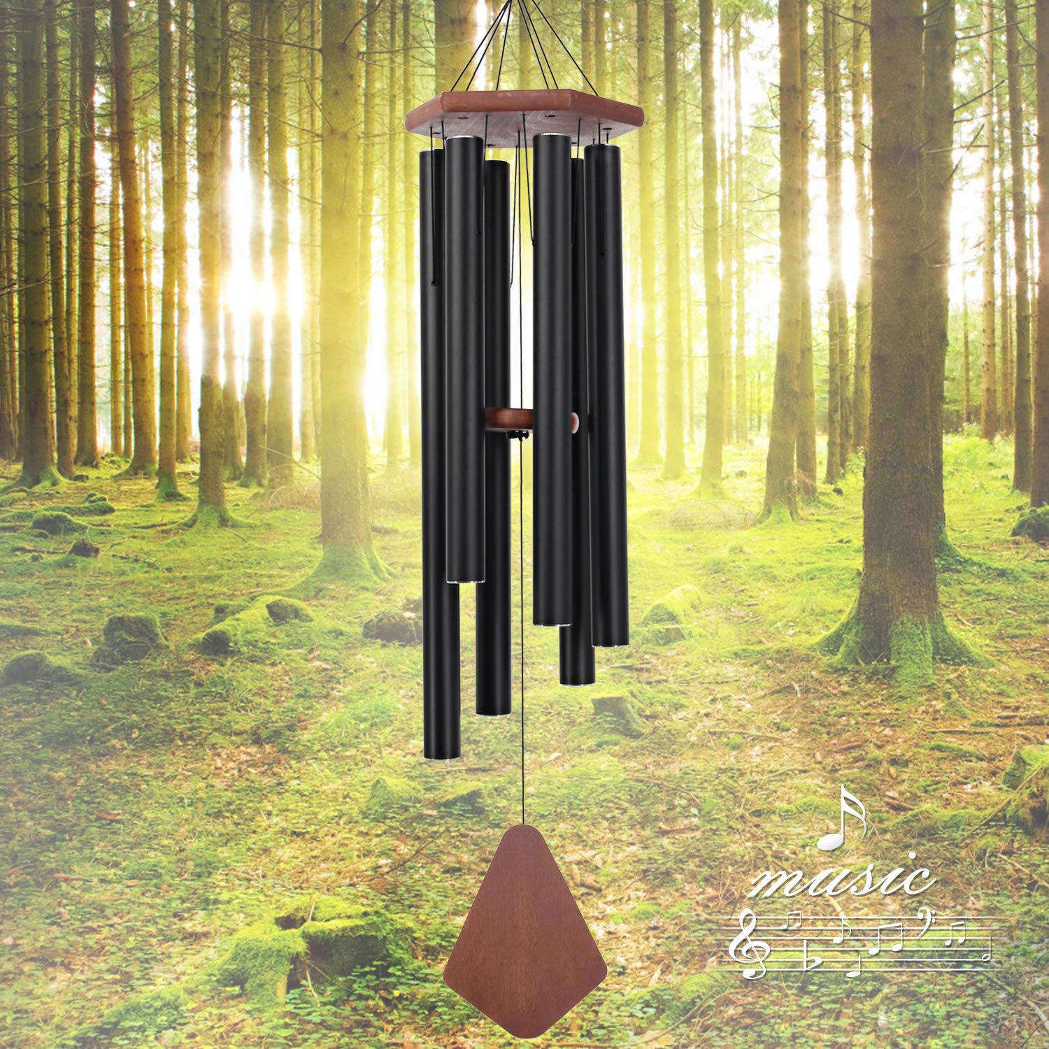 ASTARIN front view of large black wind chimes showing elegant garden accent and deep sound