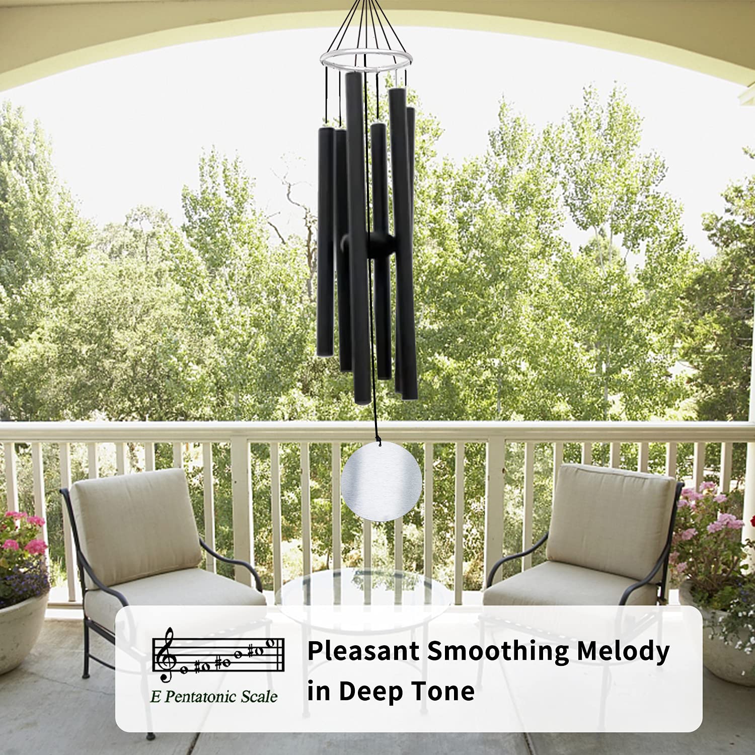 ASTARIN wind chimes hanging on a porch showing outdoor placement and calming atmosphere benefit