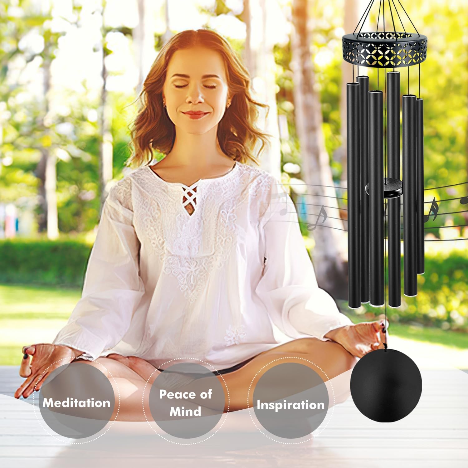 ASTARIN wind chimes hanging in garden setting showing peaceful atmosphere for outdoor spaces