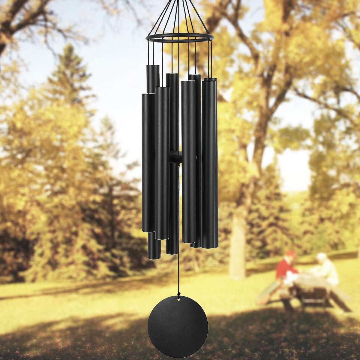 ASTARIN front view showing full 38-inch wind chime and elegant black finish, enhances outdoor decor