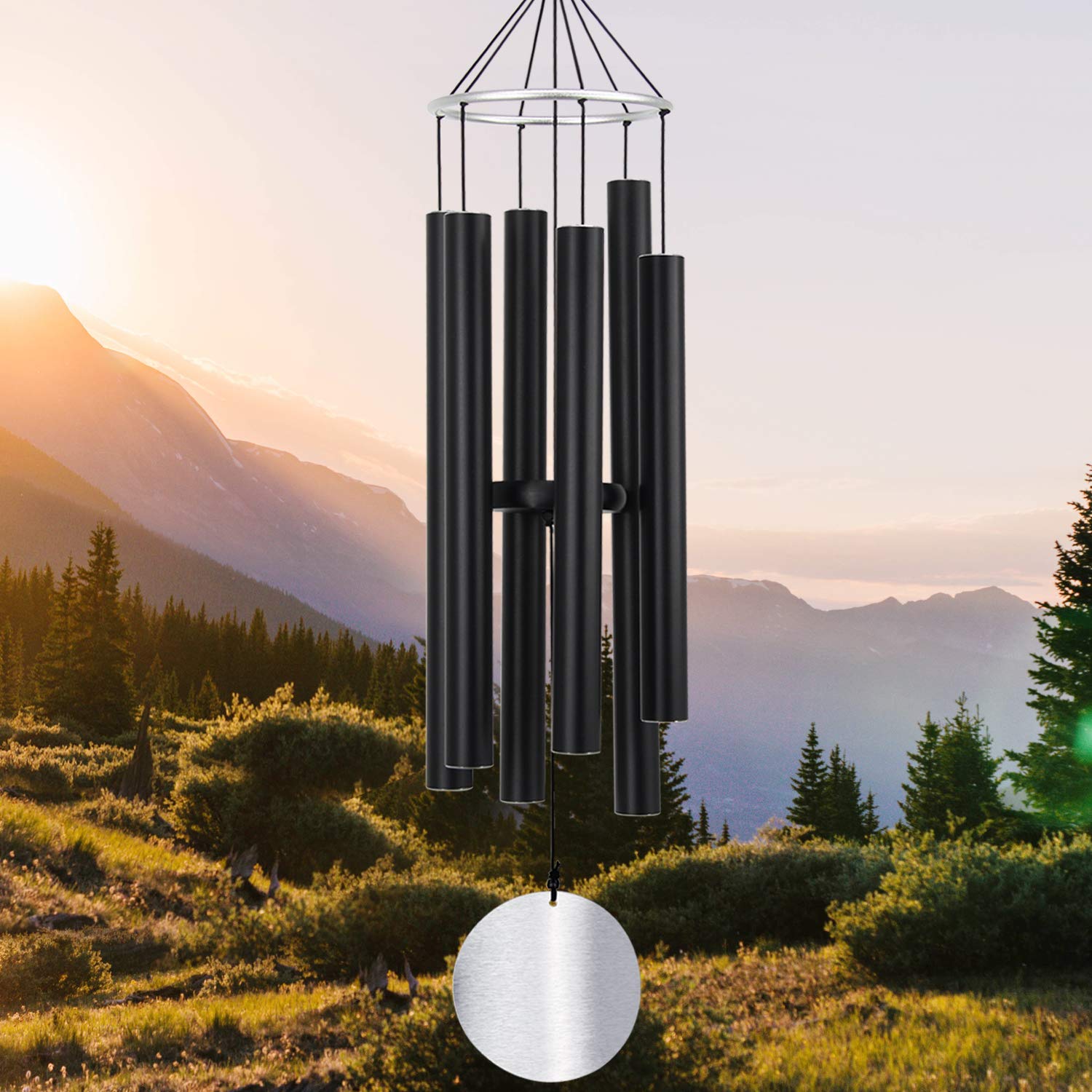 ASTARIN large wind chimes front view showing elegant black finish and full tubes benefit peaceful décor
