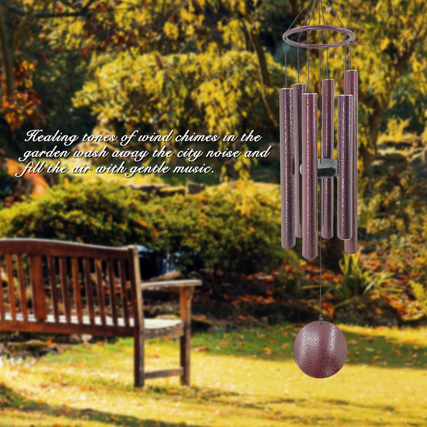 ASTARIN chimes next to garden fence showing 36-inch scale and presence