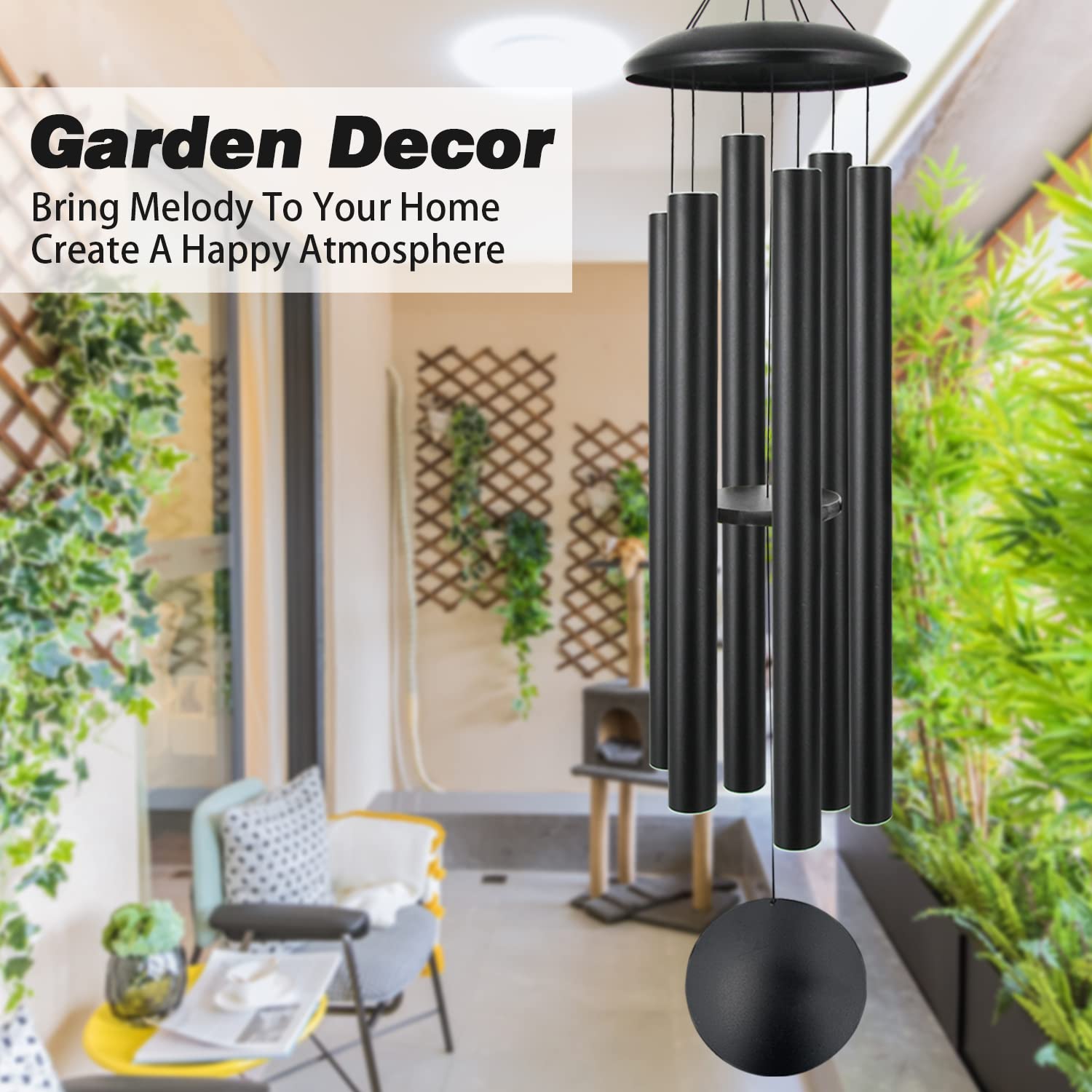 ASTARIN wind chimes next to a person for scale showing true 60 inch height and impactful sound presence