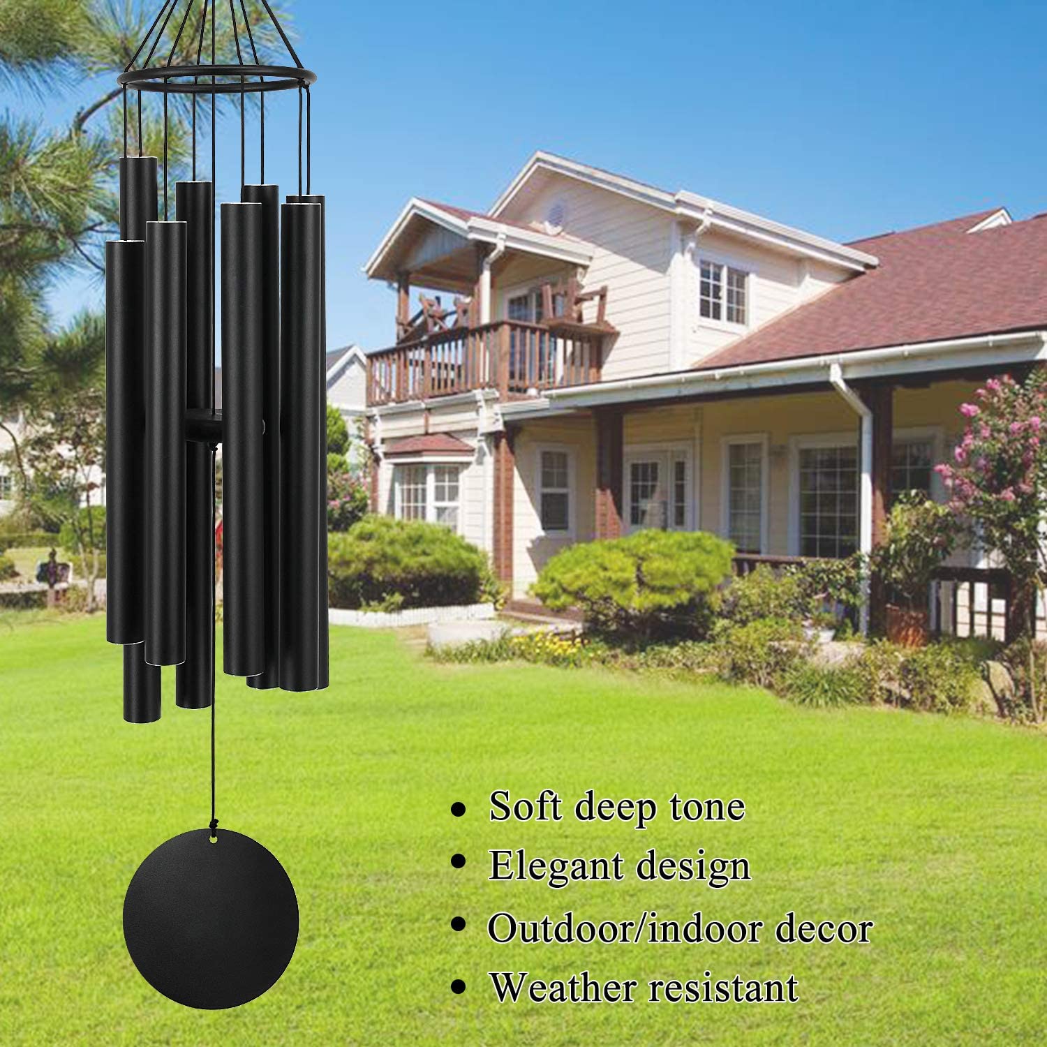 ASTARIN wind chime next to a chair for scale, demonstrates 38-inch size and placement options