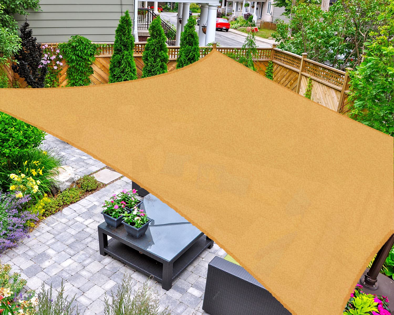 AsterOutdoor front view of 8x12 sand shade sail showing clean canopy and corners for quick setup