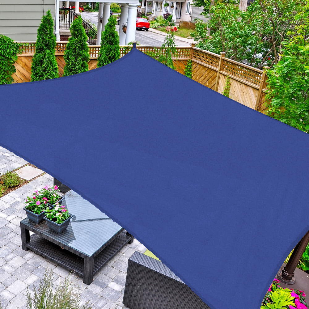 AsterOutdoor front view of 16x20 blue rectangle shade providing cooling shade