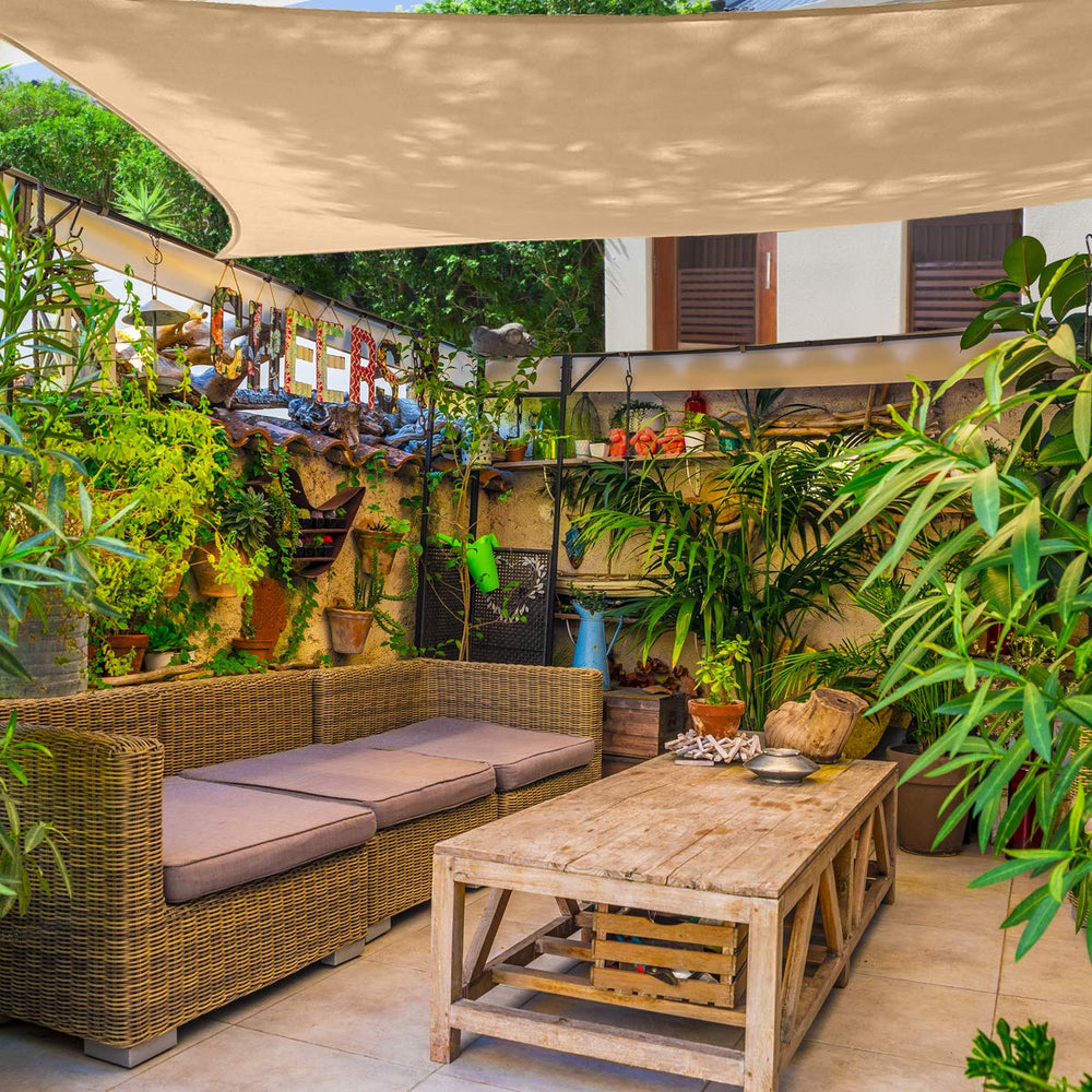 AsterOutdoor sand color sail over backyard for neutral stylish protection