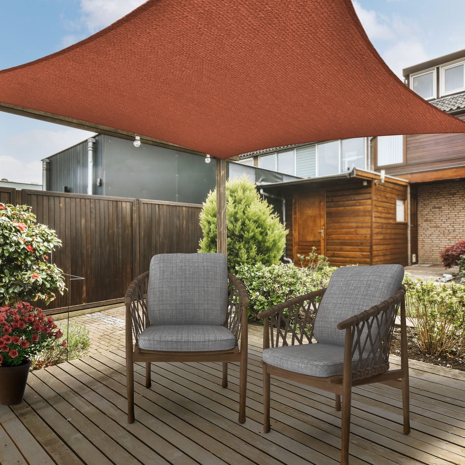 AsterOutdoor shade over table showing size scale and seating comfort benefit