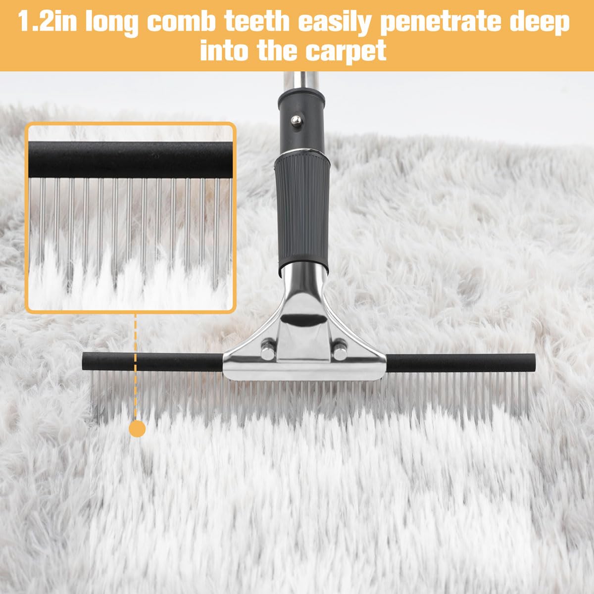 Astfys rake extended handle assembled illustrating ergonomic, back-saving reach