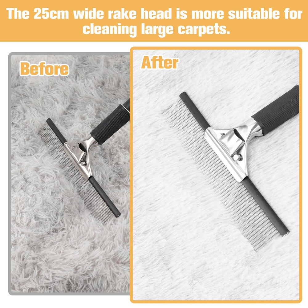 Astfys rake in use on shag rug restoring pile and removing embedded fur