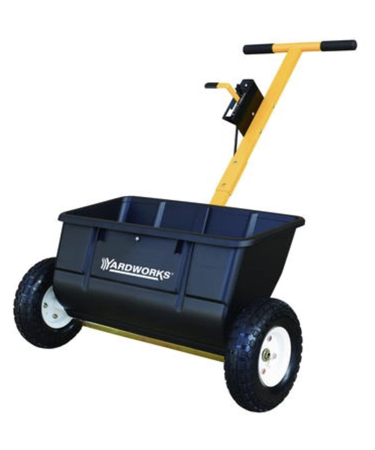 At Home drop spreader front view showing tray, handle and even distribution benefit