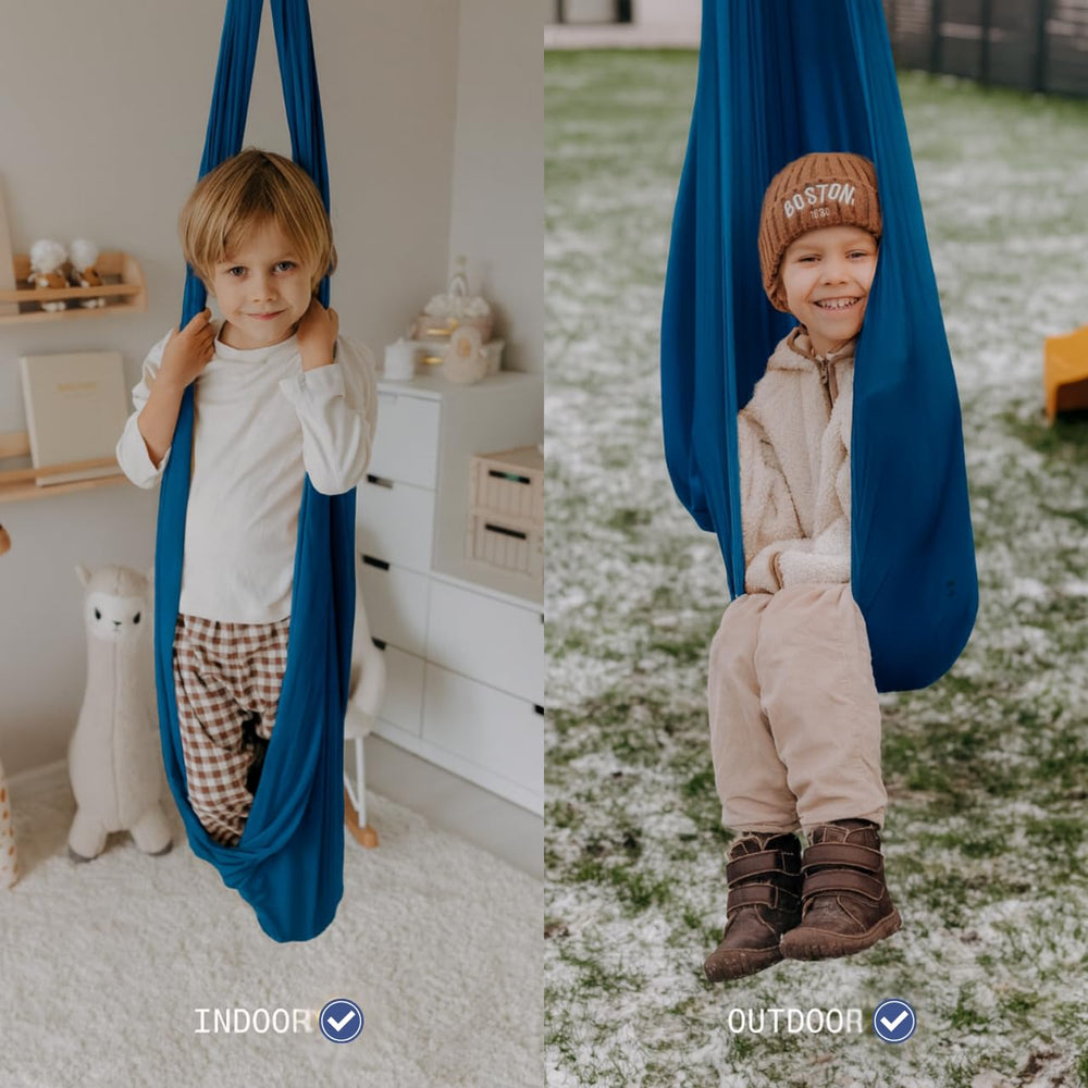 ATA zooz child using swing, shows calming hug-like comfort