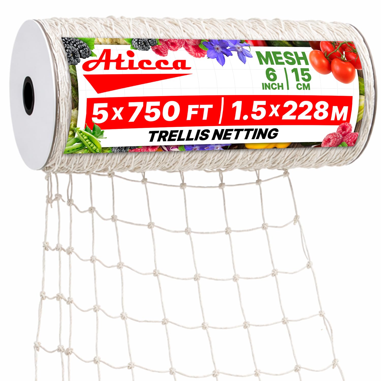 ATICCA front view of trellis netting roll showing length and brand benefits