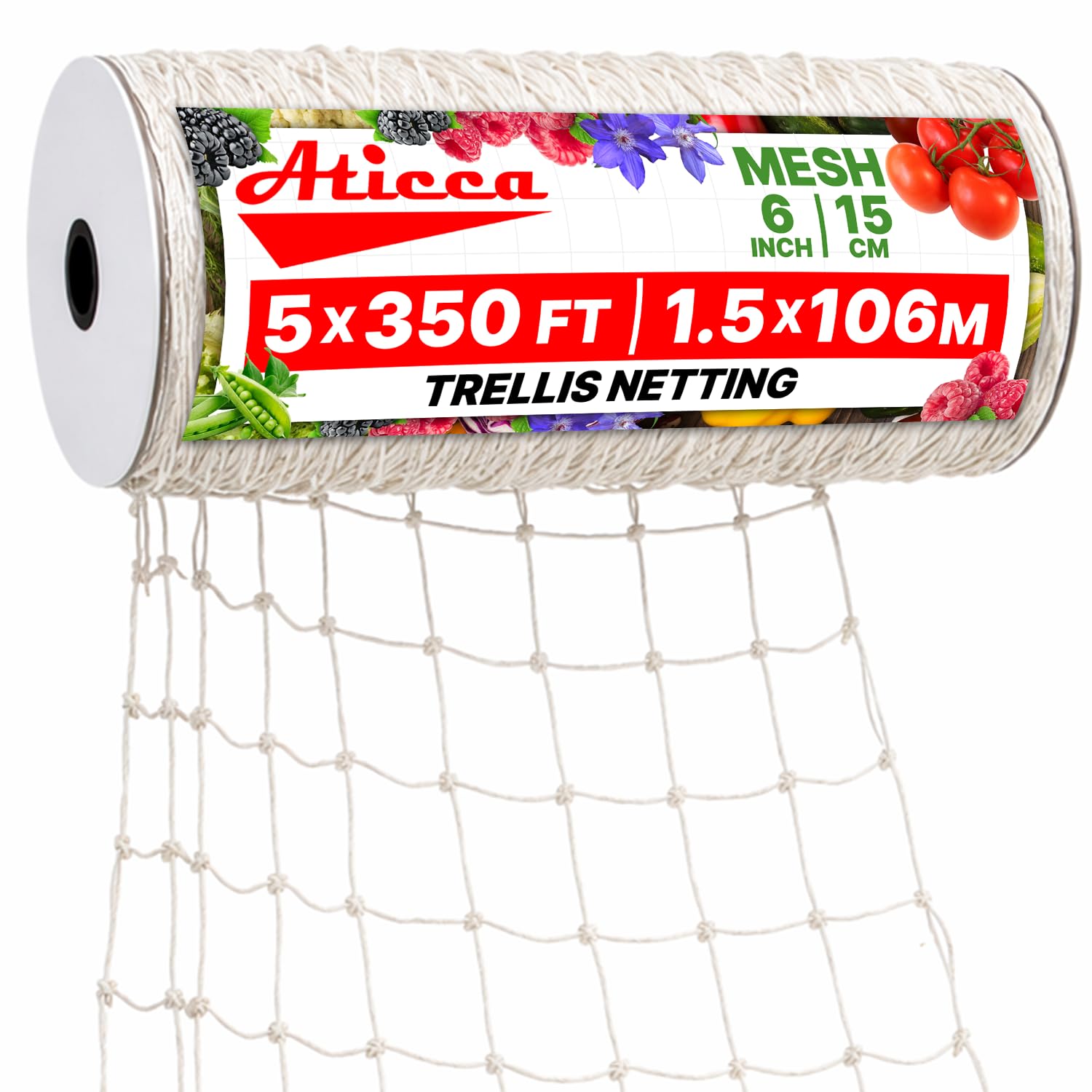 Aticca front view of trellis netting roll showing label and length benefit
