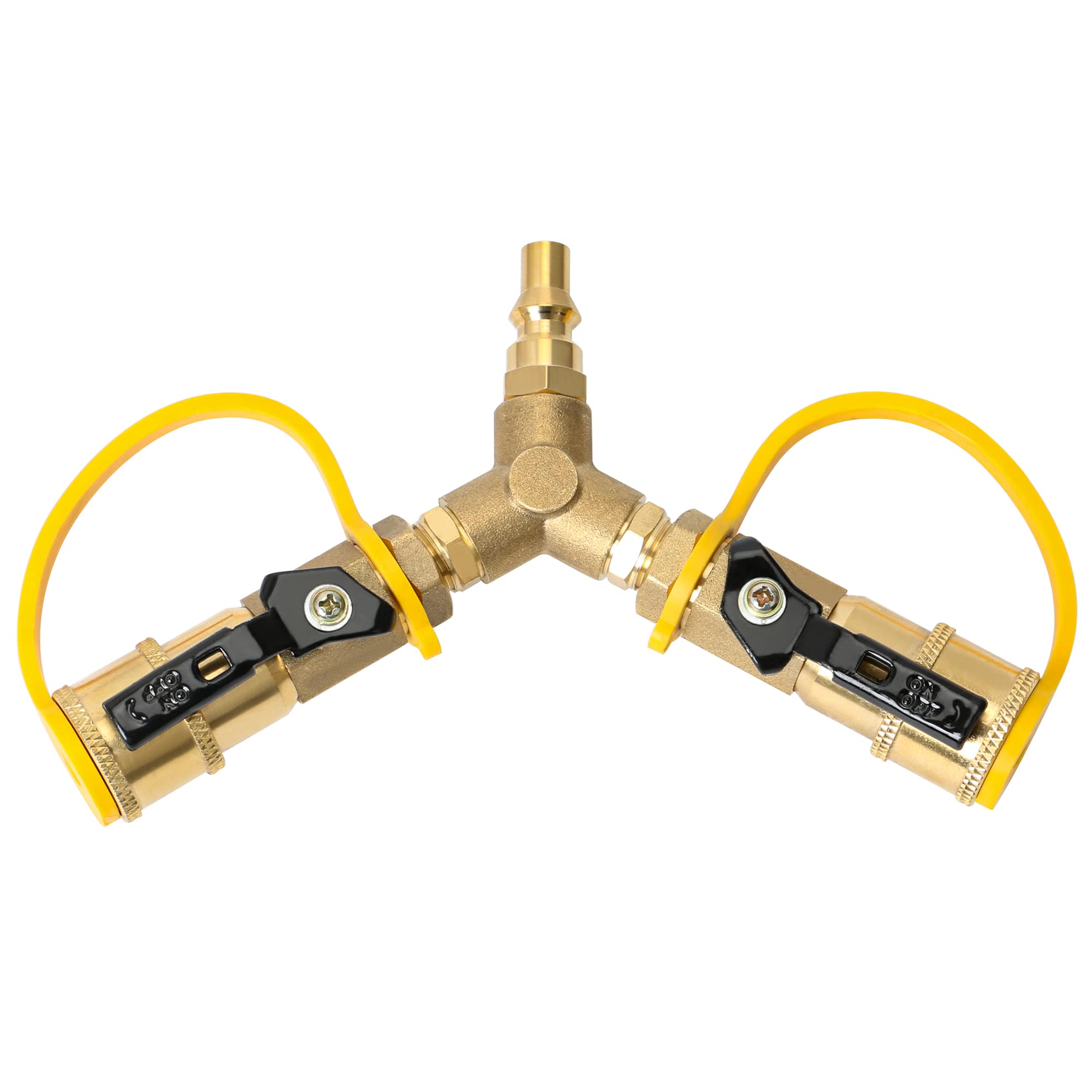 ATKKE Y-splitter front view showing dual quick-connects and caps for easy hookup