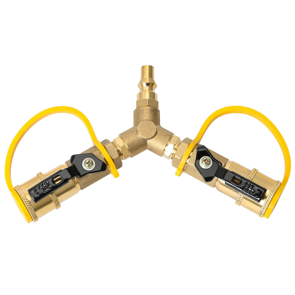 ATKKE Y-splitter front view showing dual quick-connects and caps for easy hookup