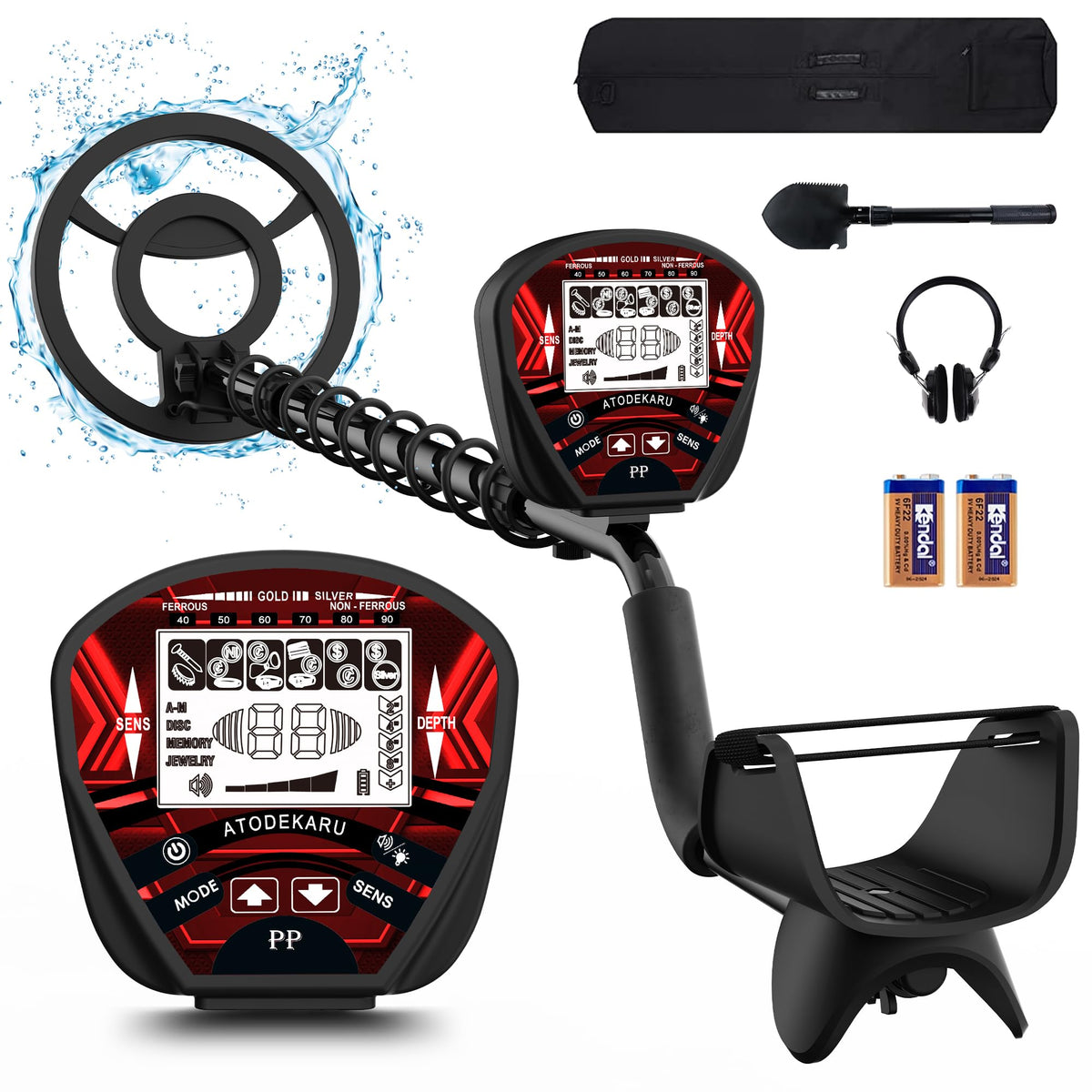 ATODEKARU front view of full metal detector showing controls and build quality for reliable searches