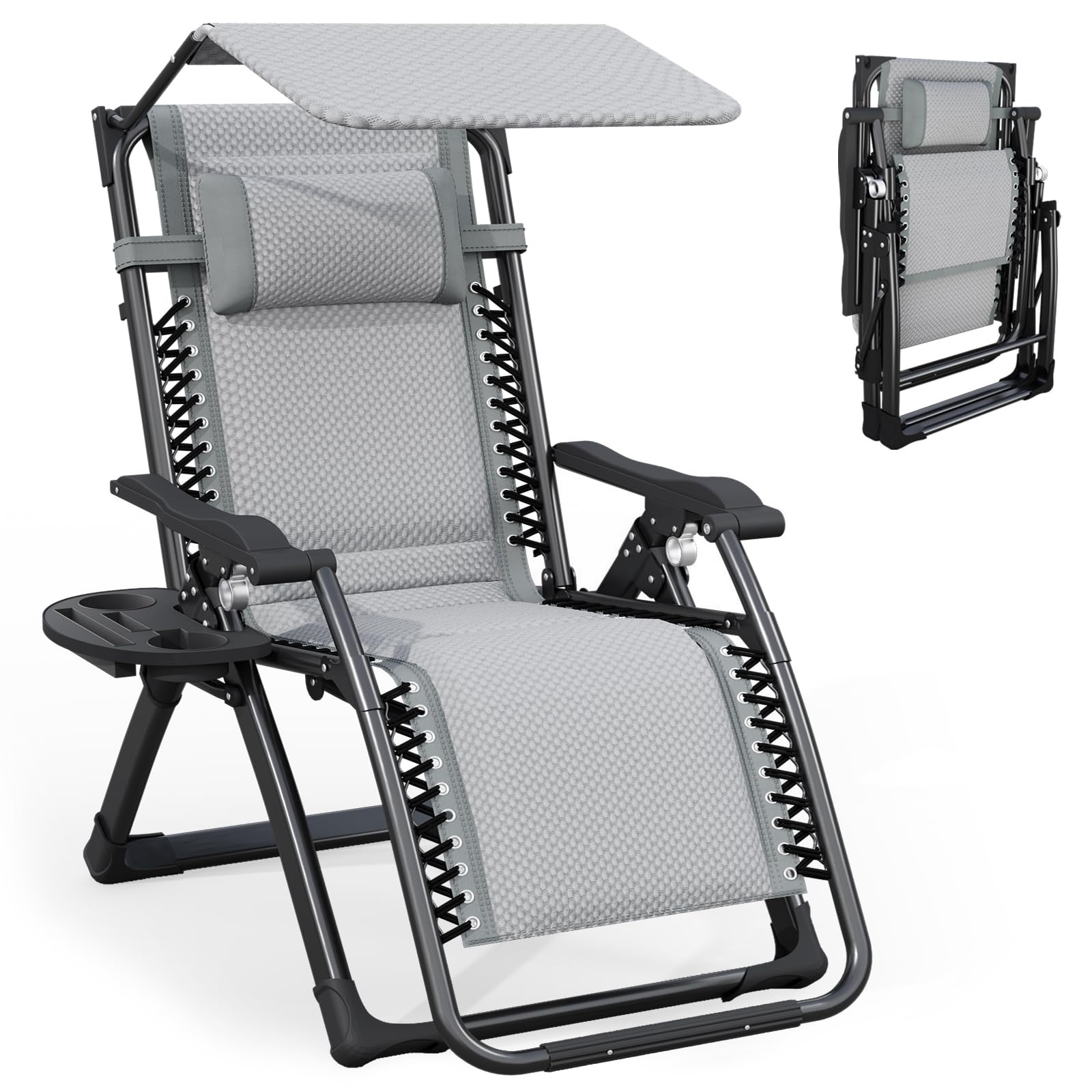 ATORPOK zero gravity chair front view showing padded comfort and canopy