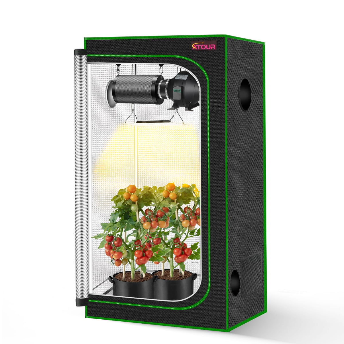 ATOUR grow tent front view showing closed door and sturdy frame for reliable growing