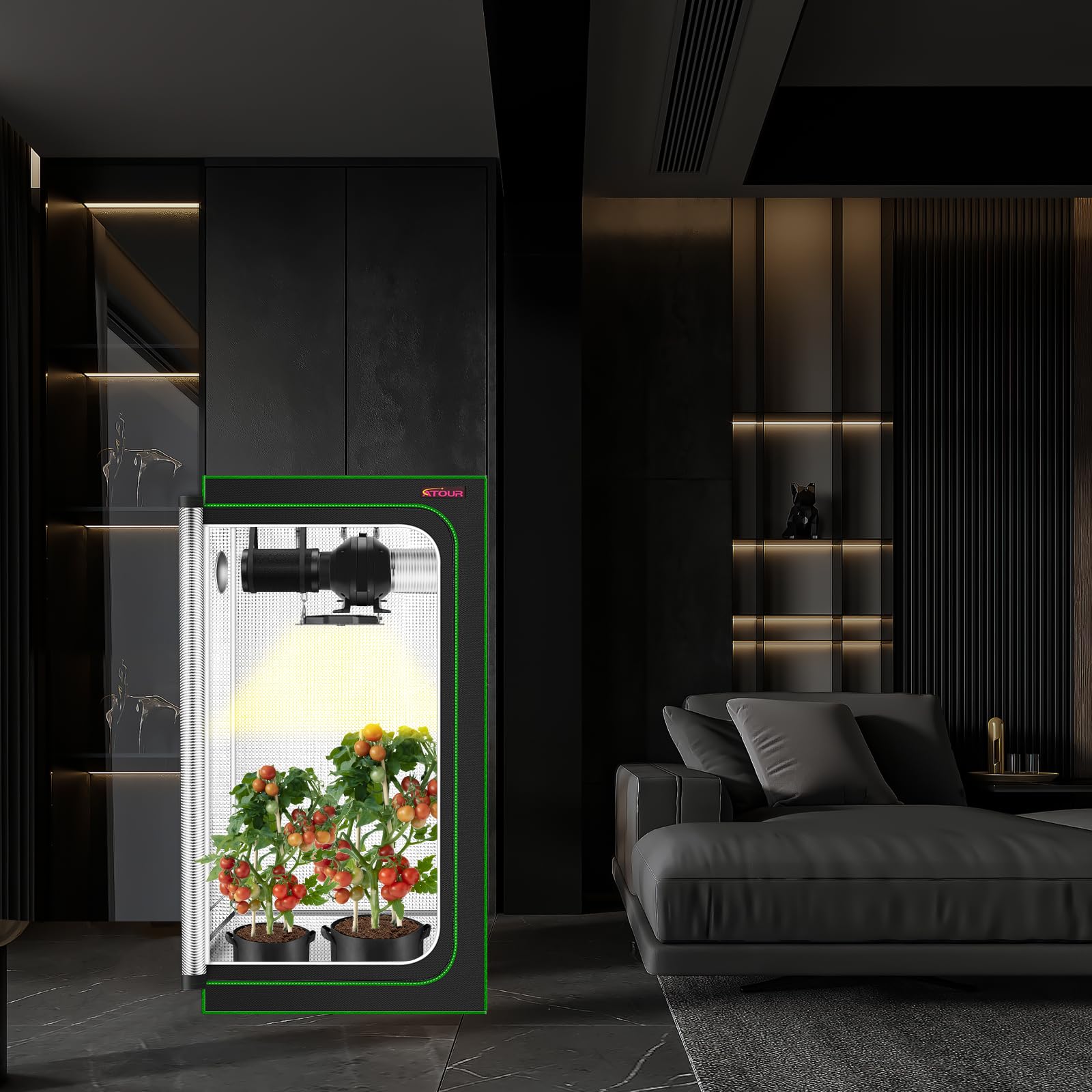 ATOUR grow tent in a small apartment setting creating a compact indoor garden