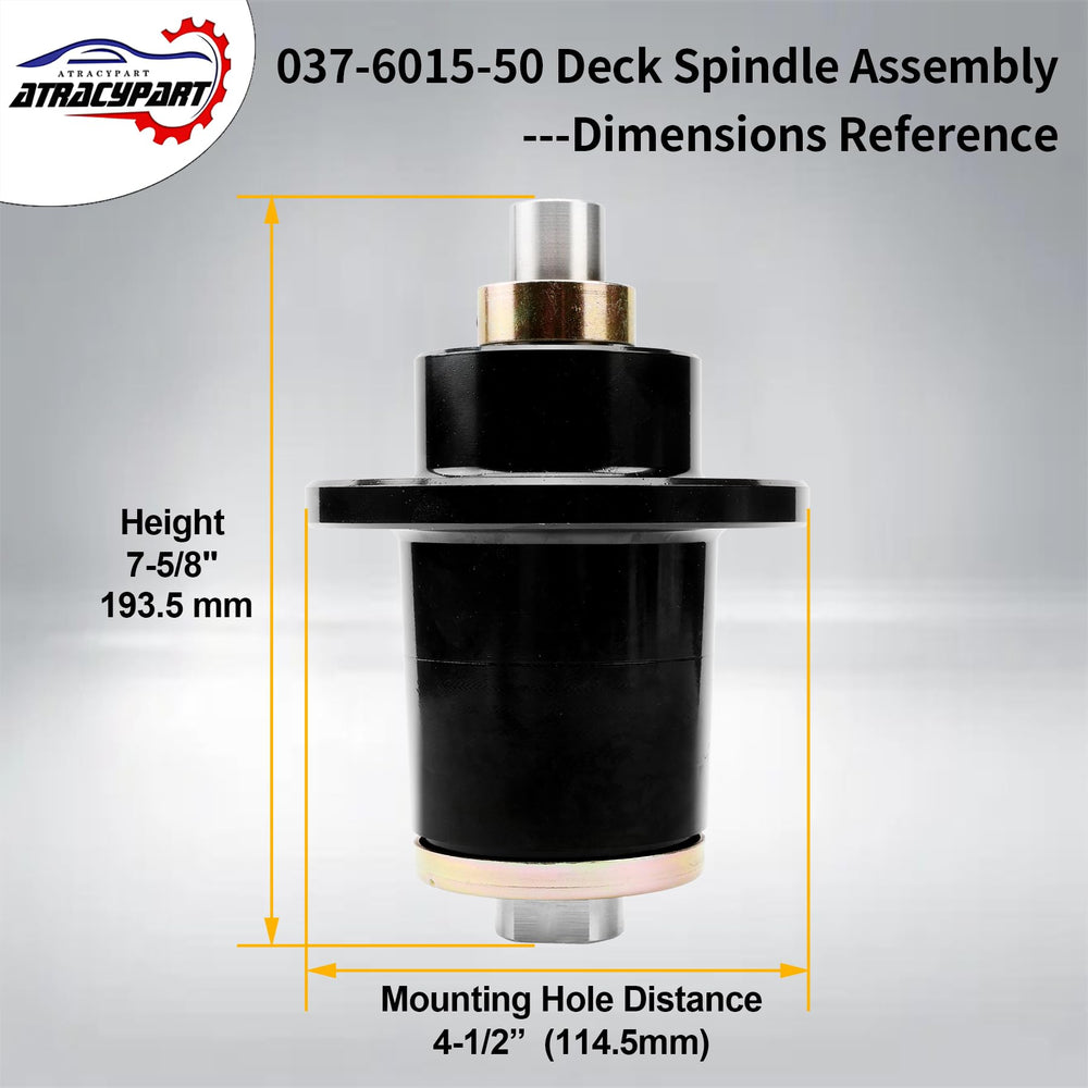 ATRACYPART spindle beside measuring tape showing 7 5/8" height and 4 1/2" hole spacing