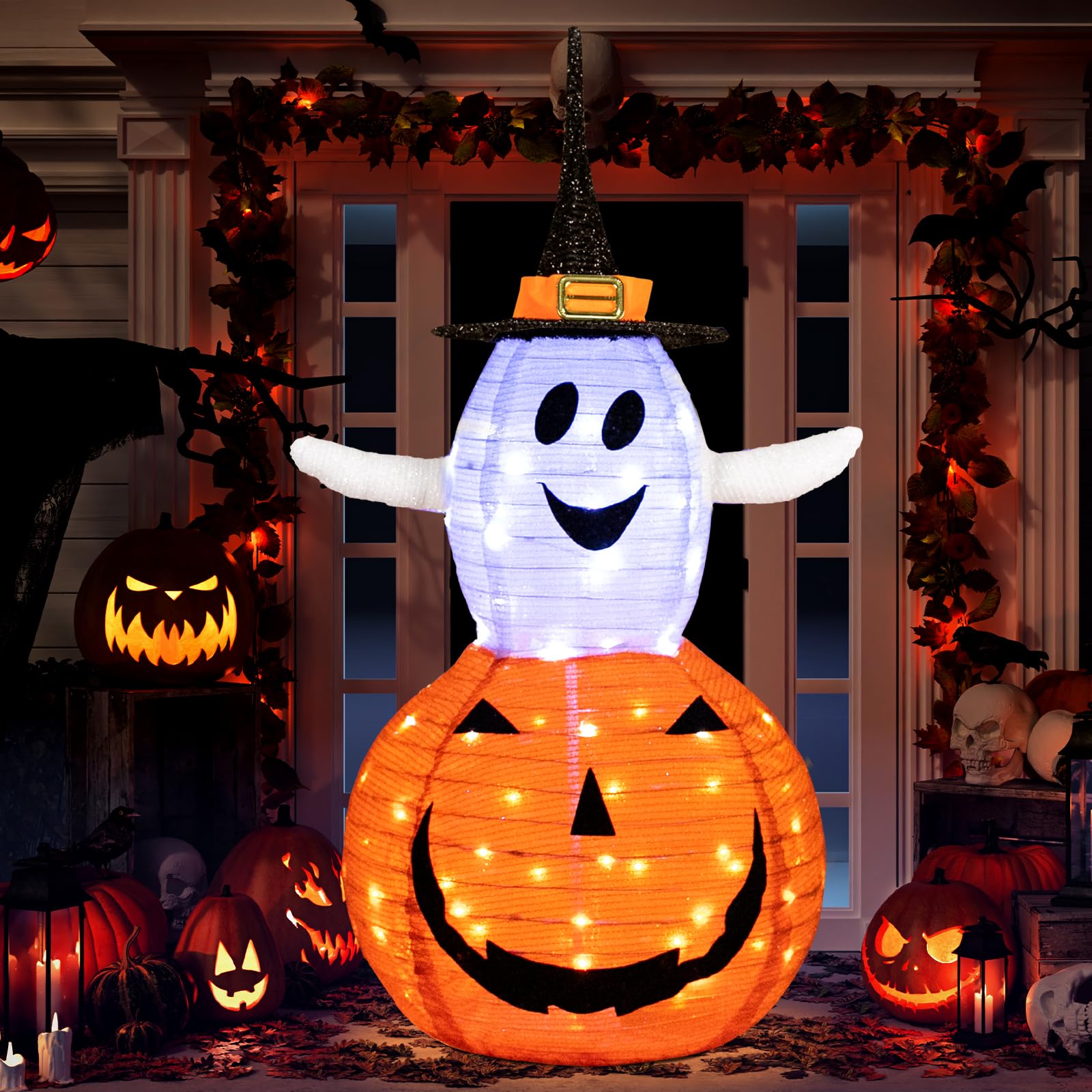 ATTGREAT front view of stackable pumpkin ghost showing festive display and curb appeal